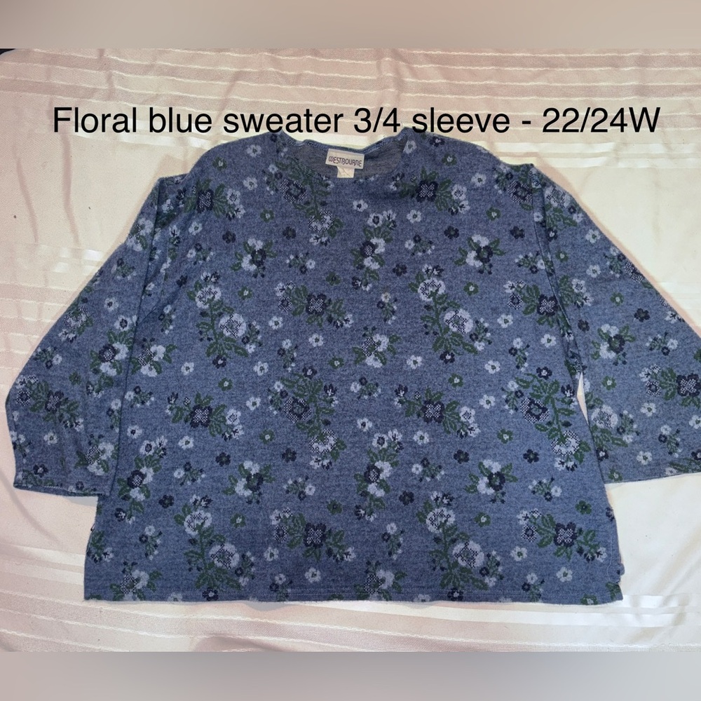 Floral Blue Sweater with 3/4 Sleeves